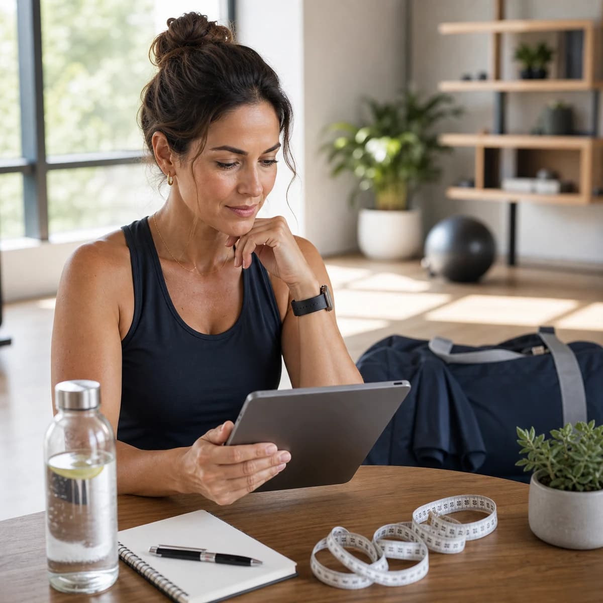 Adult reviewing fat-loss peptide dosage planning in a premium wellness studio