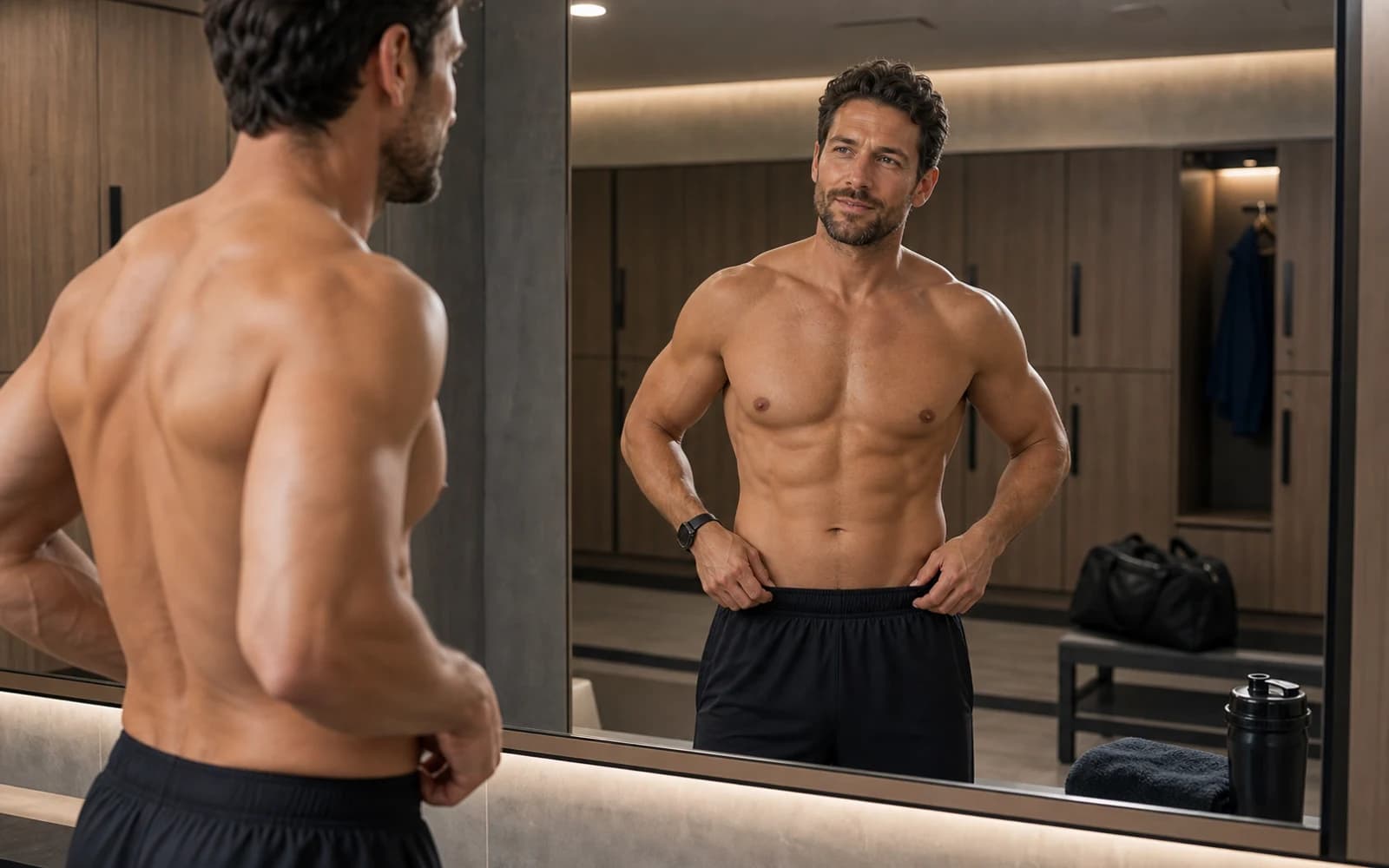 Adult in a premium gym locker room reviewing waistline and body-composition progress