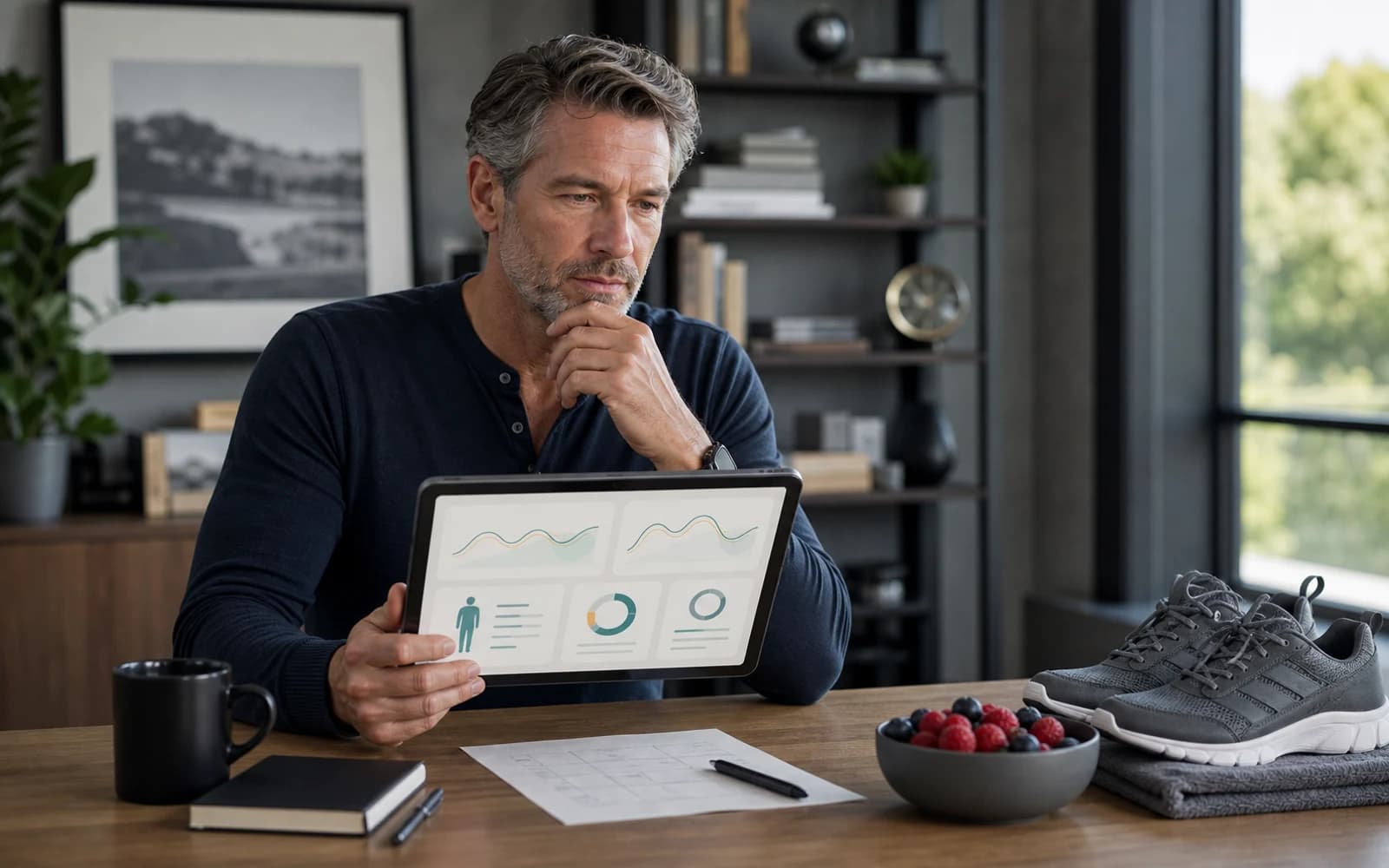 Adult reviewing abstract wellness plan options in a modern home office with training gear nearby