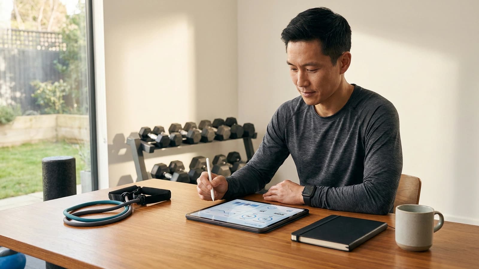 Active adult reviewing a recovery peptide dosage calculator setup in a premium home gym workspace