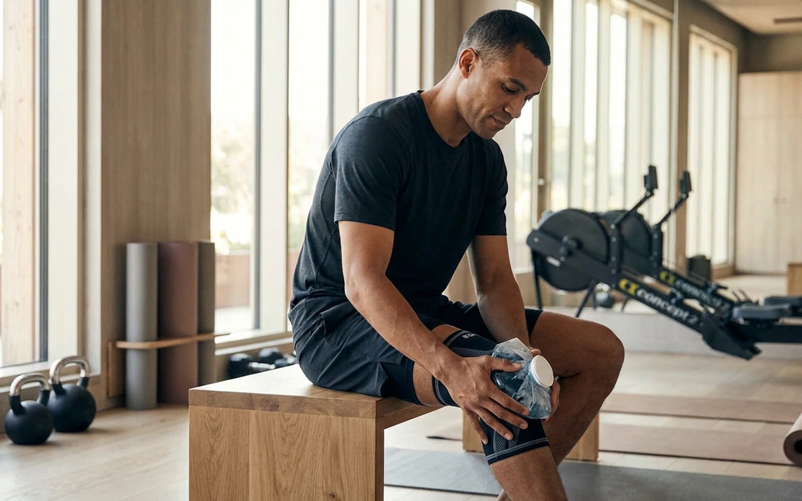Athlete in a bright gym using a cold pack on one knee after training