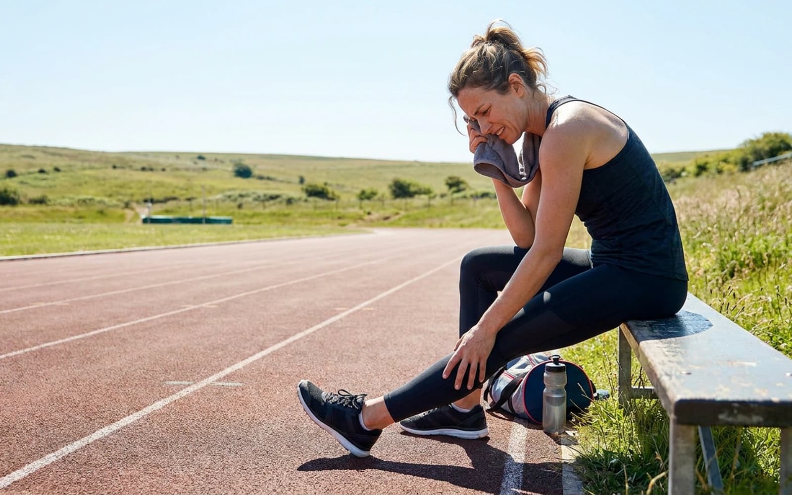 Runner cooling down beside an outdoor track after training