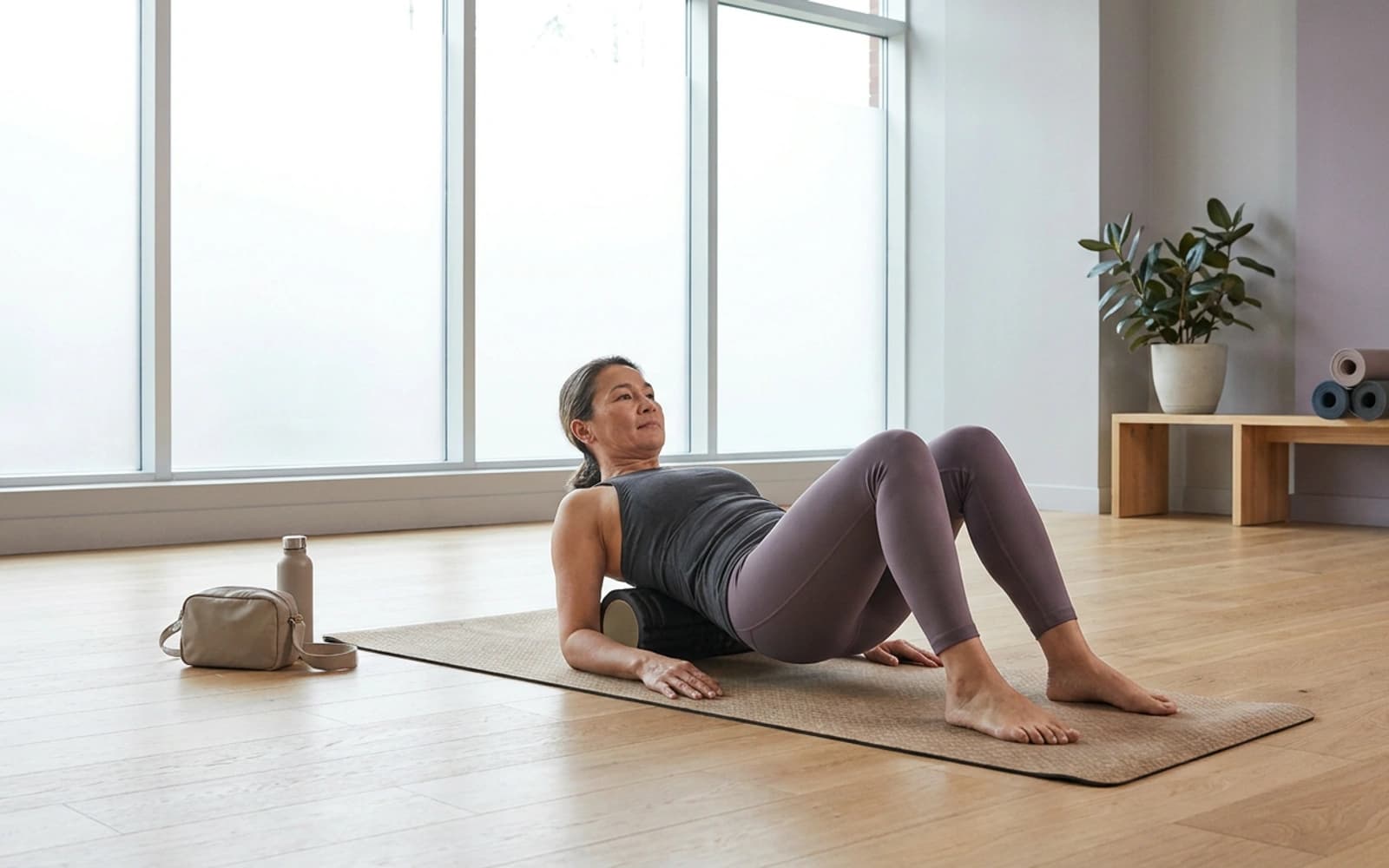 Active adult foam rolling in a calm studio after a workout