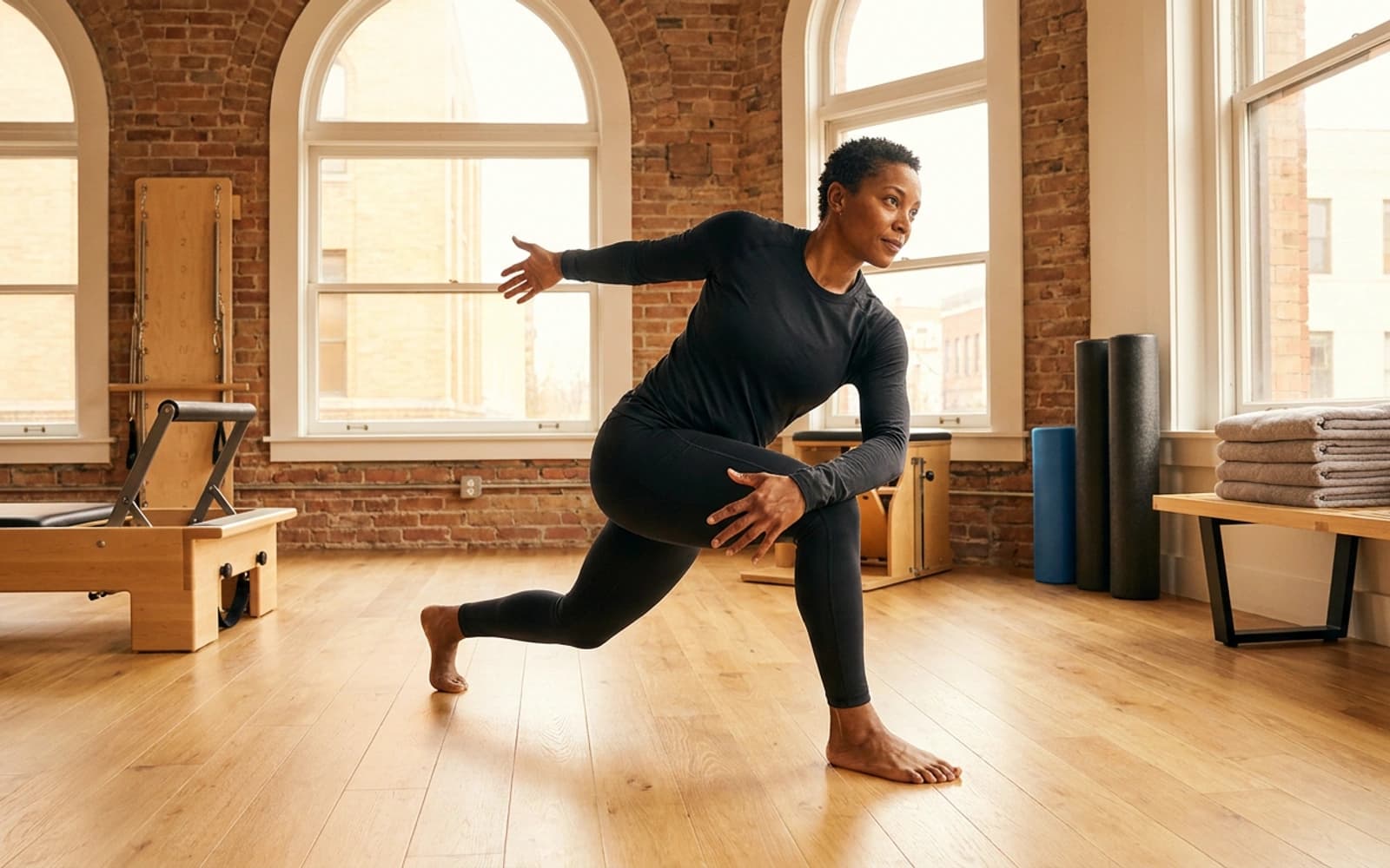 Active adult performing a full-body mobility drill in a warm training studio