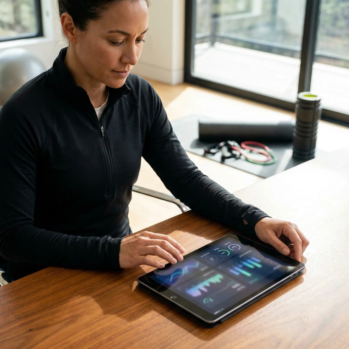 Active adult reviewing a GH peptide dosage calculator in a premium home gym workspace