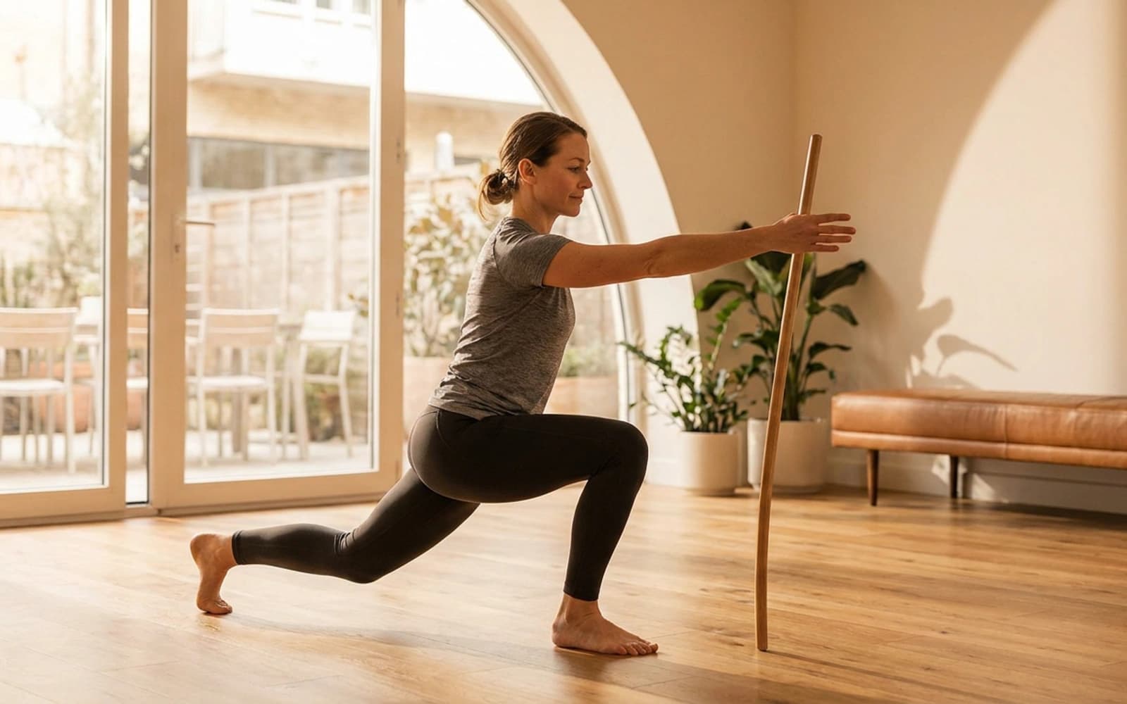 Active adult doing controlled strength and mobility work in a bright training studio