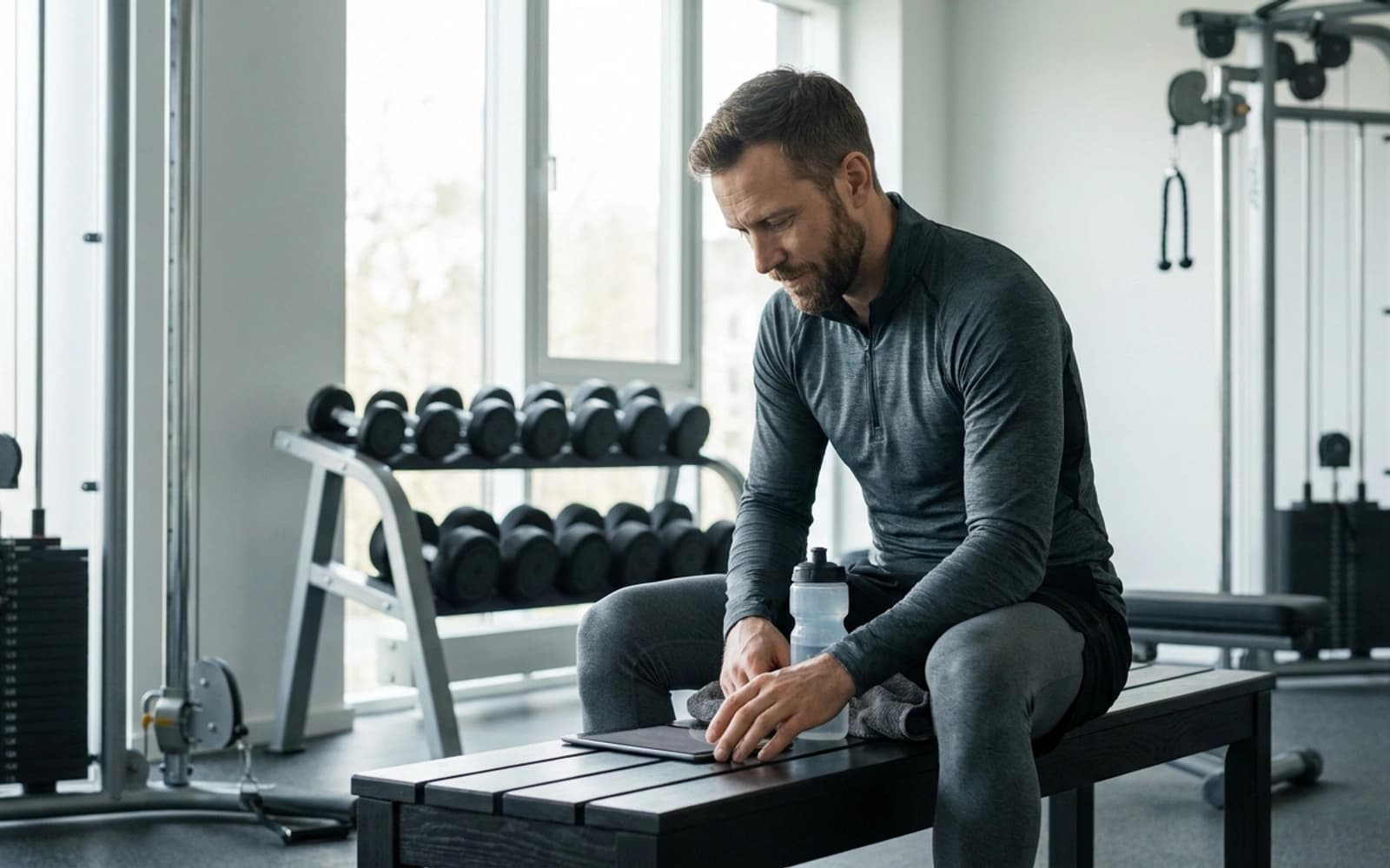 Athlete in a premium gym reviewing training readiness after a workout