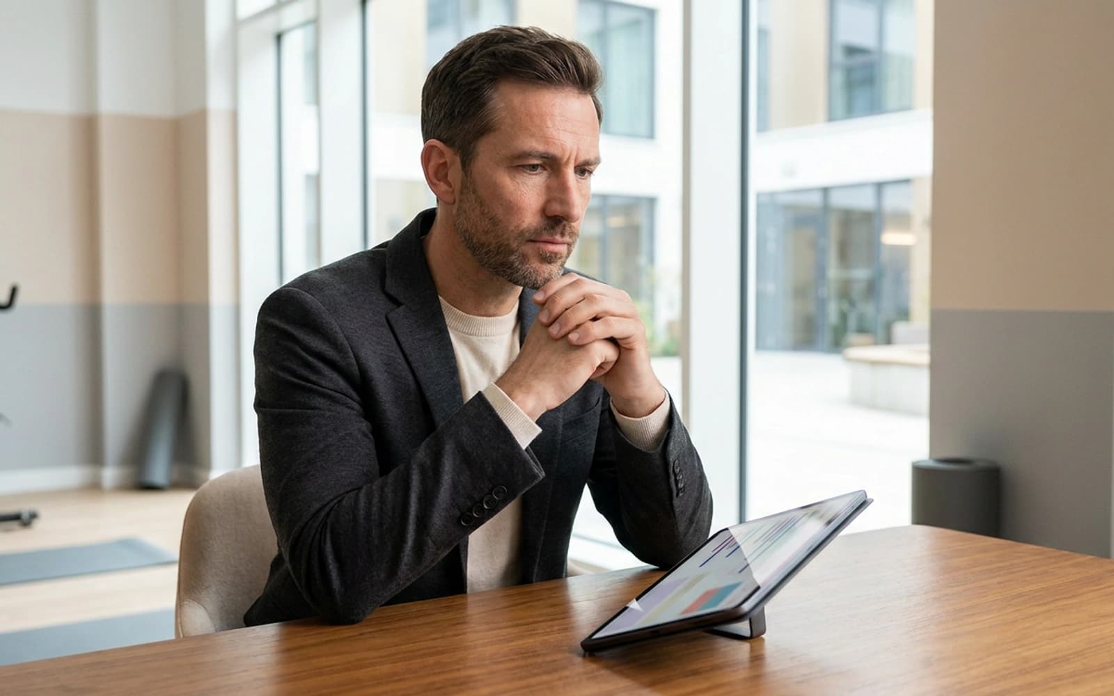 Adult reviewing sleep and training progress in a modern wellness workspace