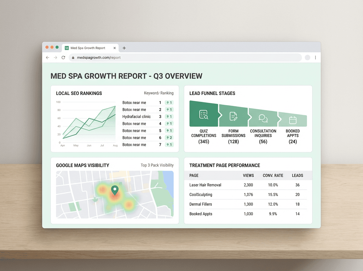 Med spa local SEO and lead funnel reporting dashboard