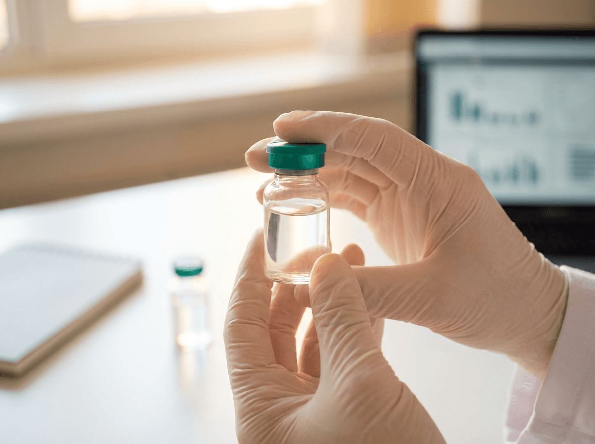 Researcher examining a pharmaceutical peptide vial in a clinical setting
