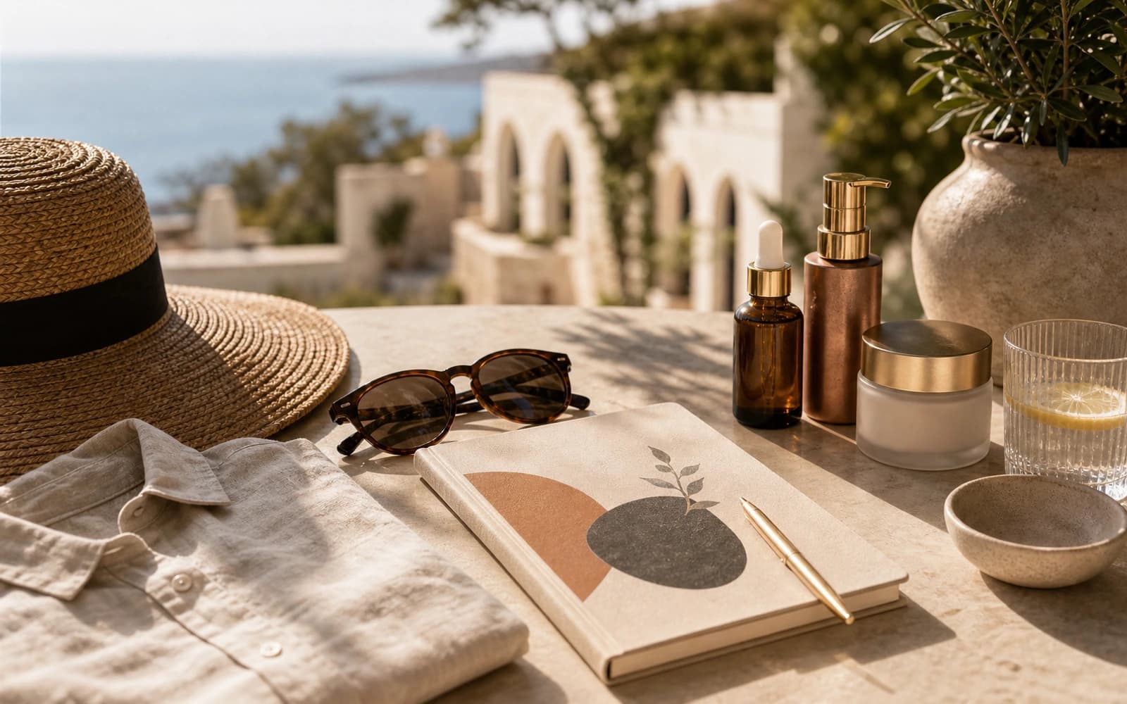 Adult in a refined summer lifestyle setting with warm sunlit skin and confident posture