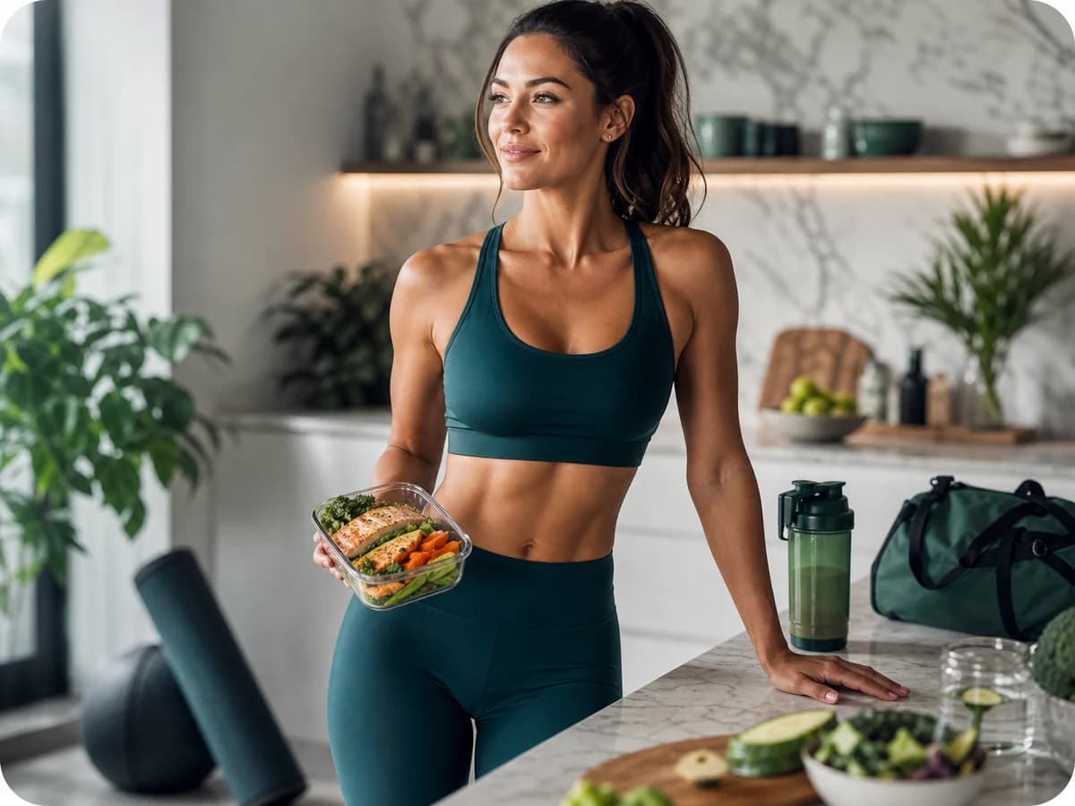 Fit woman in activewear with healthy meal prep representing weight loss and appetite control goals