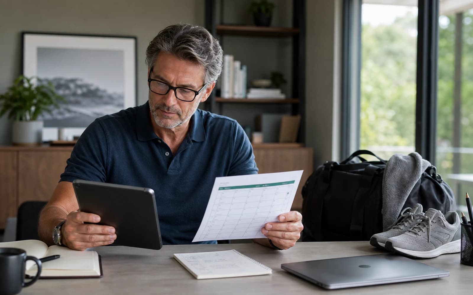 Adult reviewing weight-loss plan options with tablet and planner in a modern home office