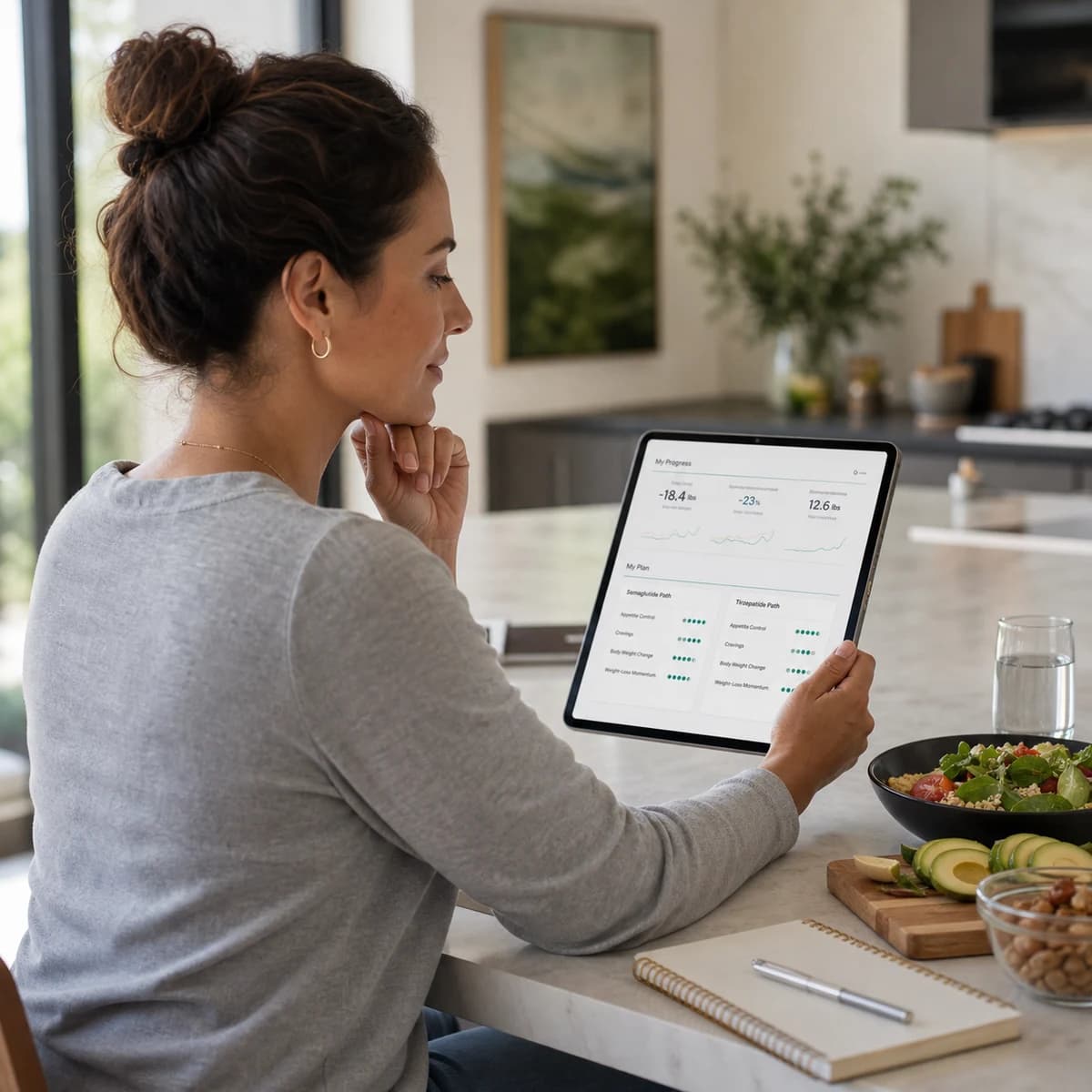 Adult reviewing a weight-loss peptide dosage calculator setup in a bright modern kitchen