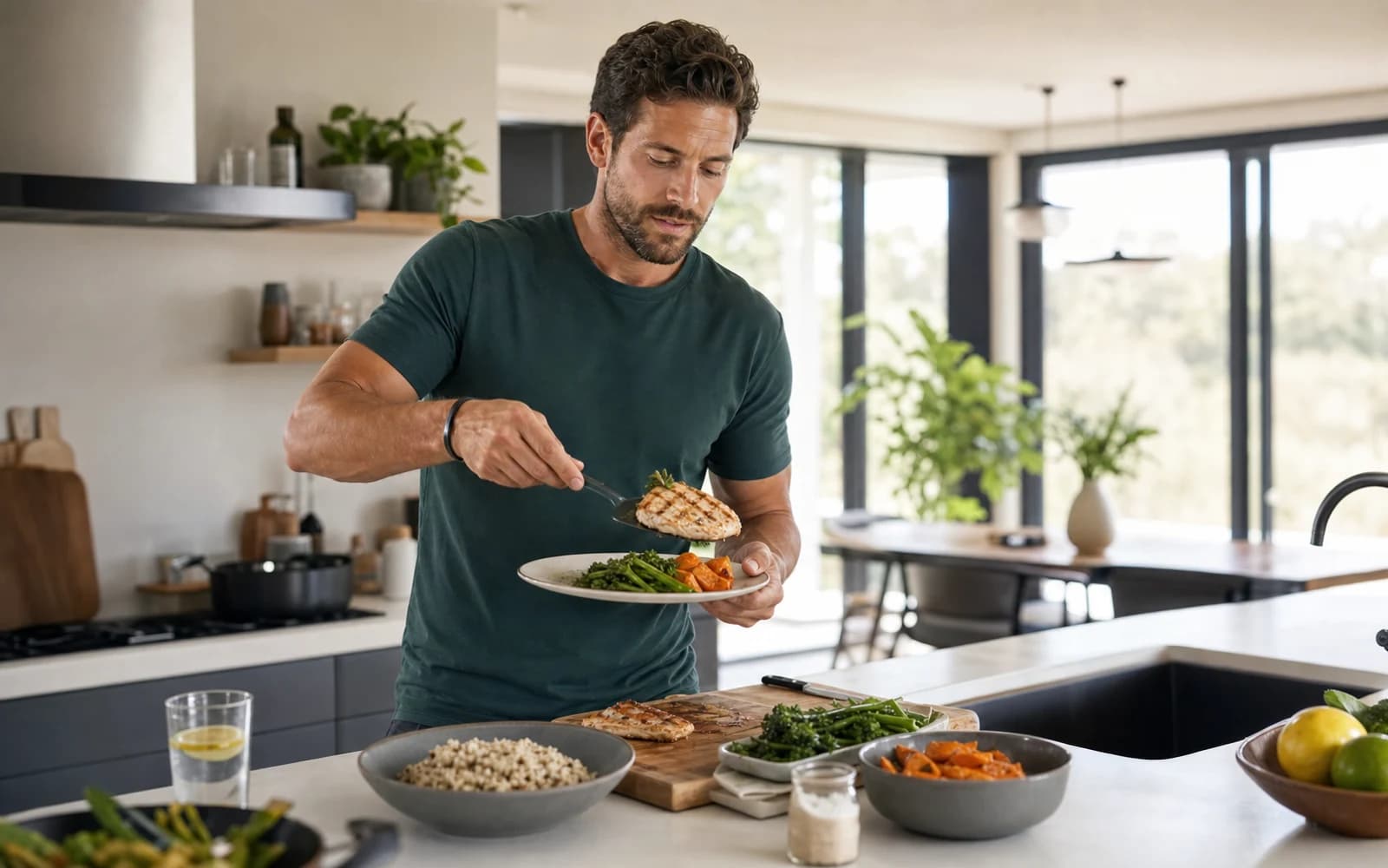 Active adult preparing a balanced meal that represents appetite control and portion planning