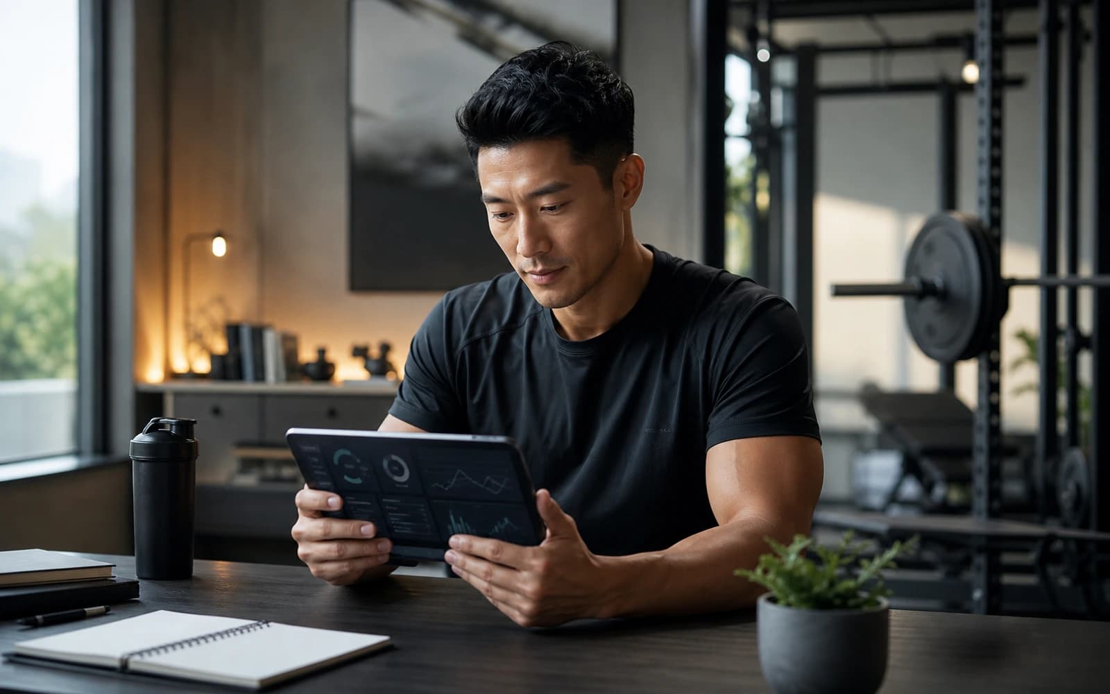 Adult reviewing training, sleep, and body-composition progress in a modern performance workspace