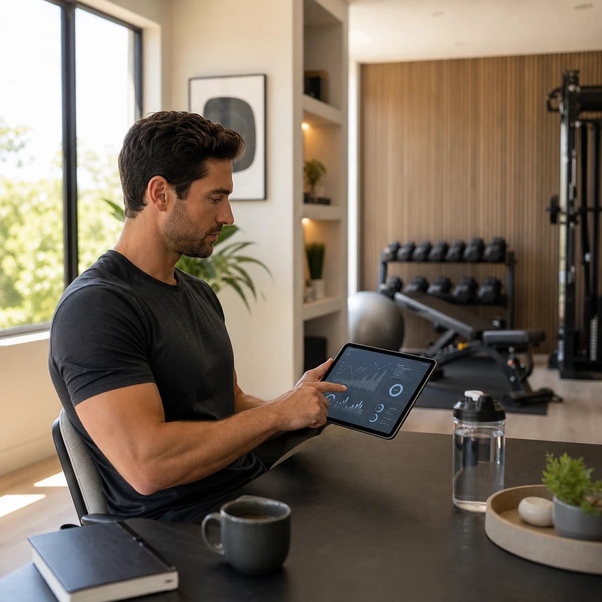Adult reviewing GH-support dosage planning in a premium wellness workspace