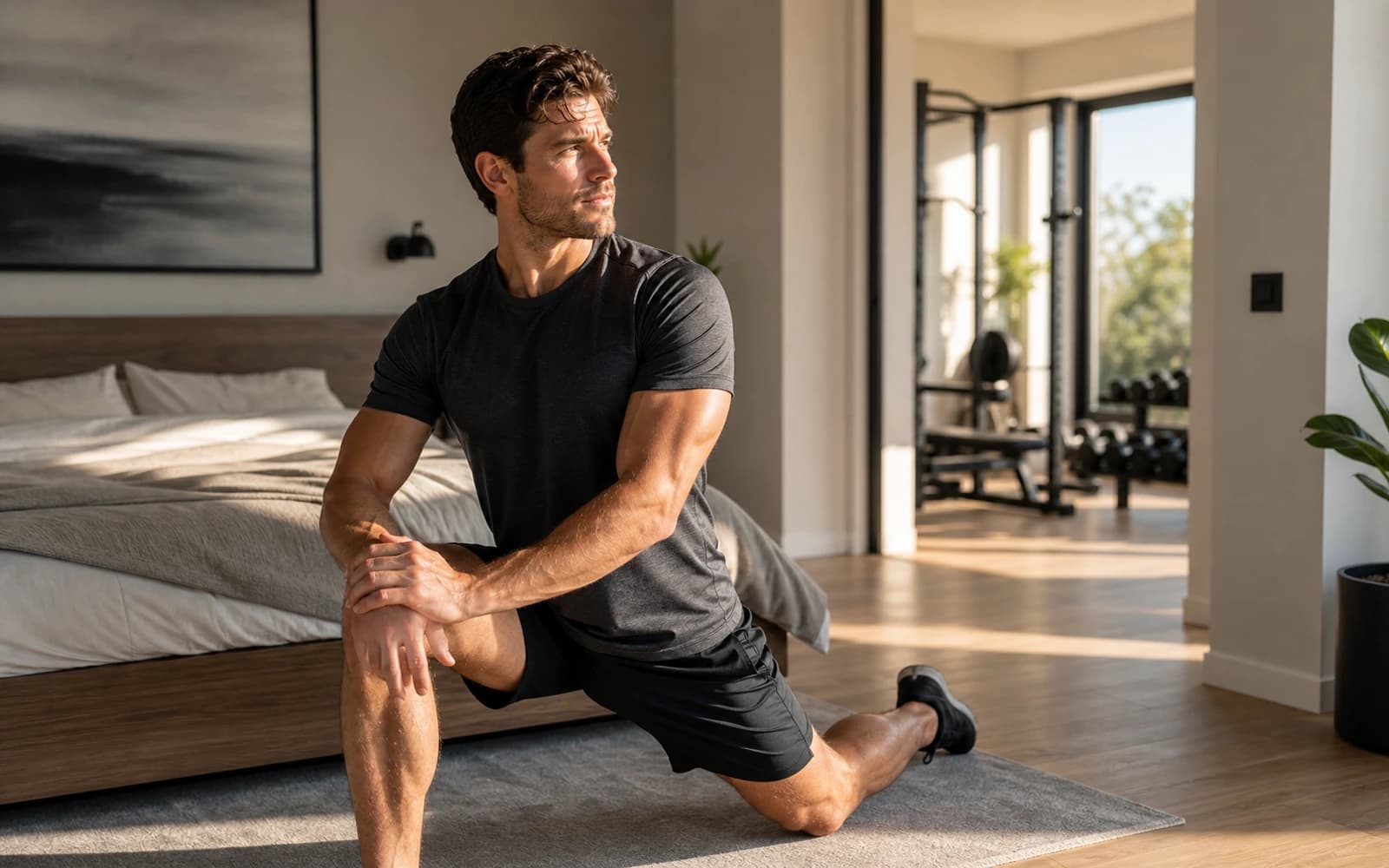 Active adult stretching in a calm morning bedroom beside a bright training space