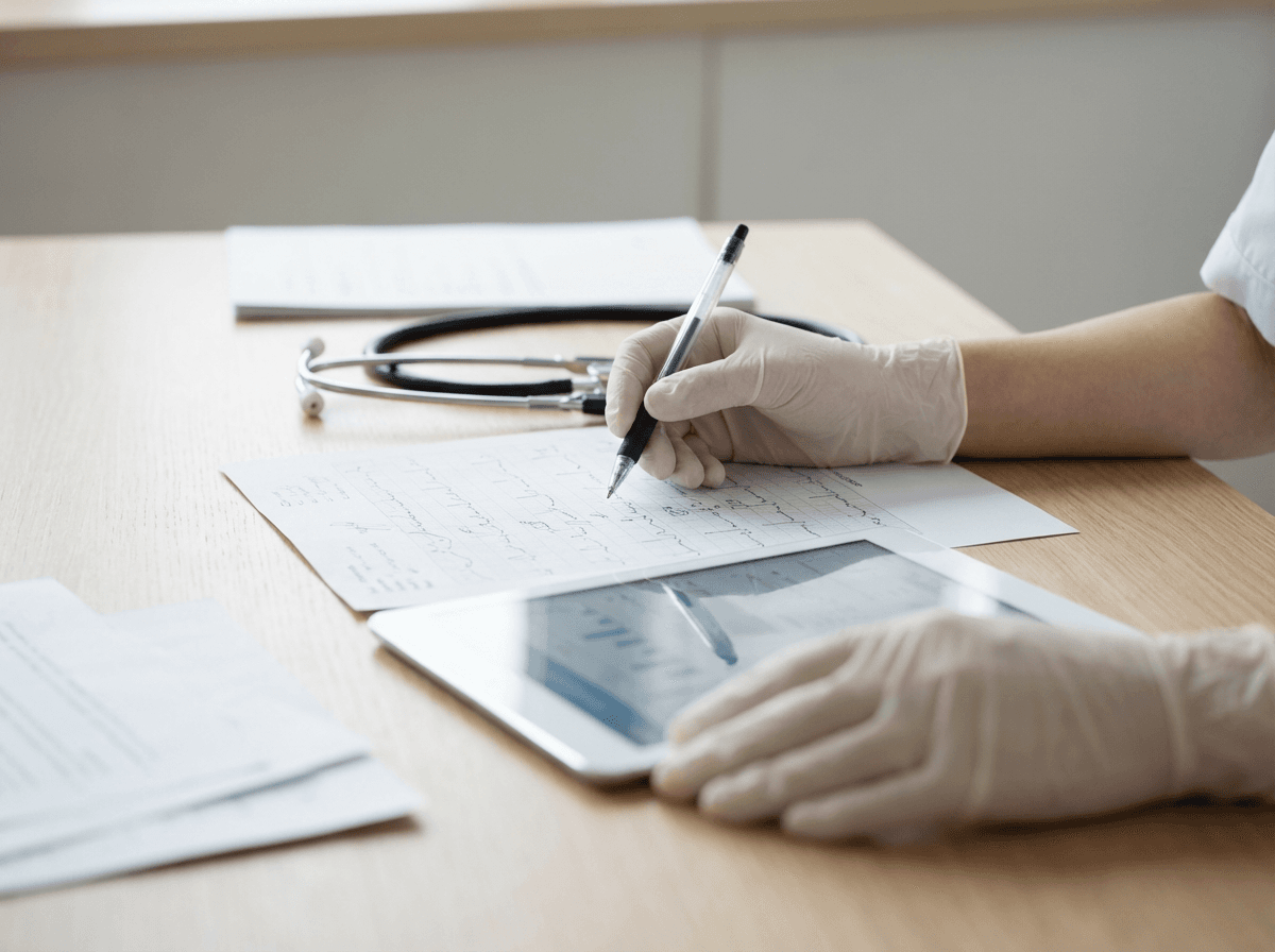 Clinician reviewing notes and tablet