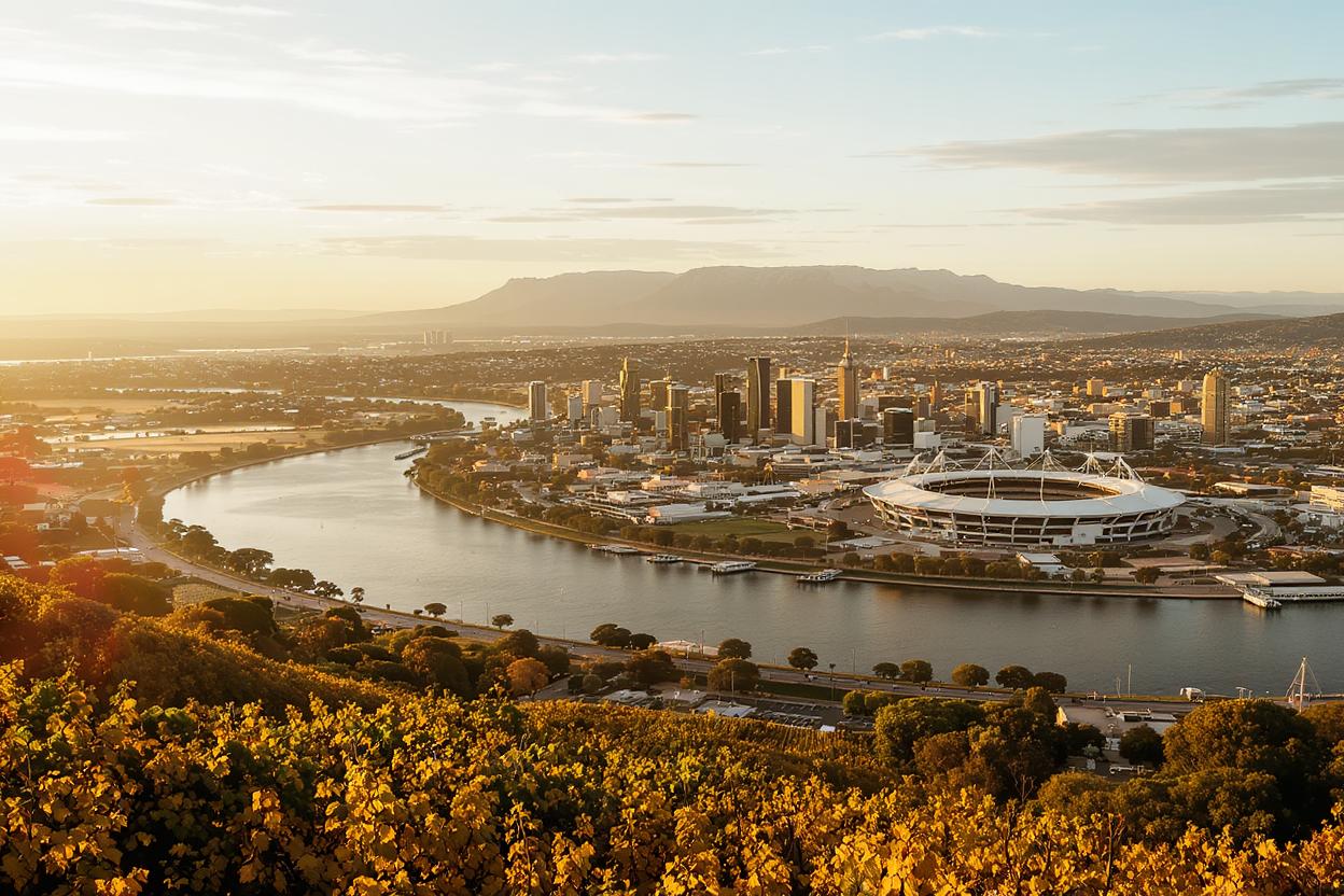 Adelaide city skyline and parklands at twilight
