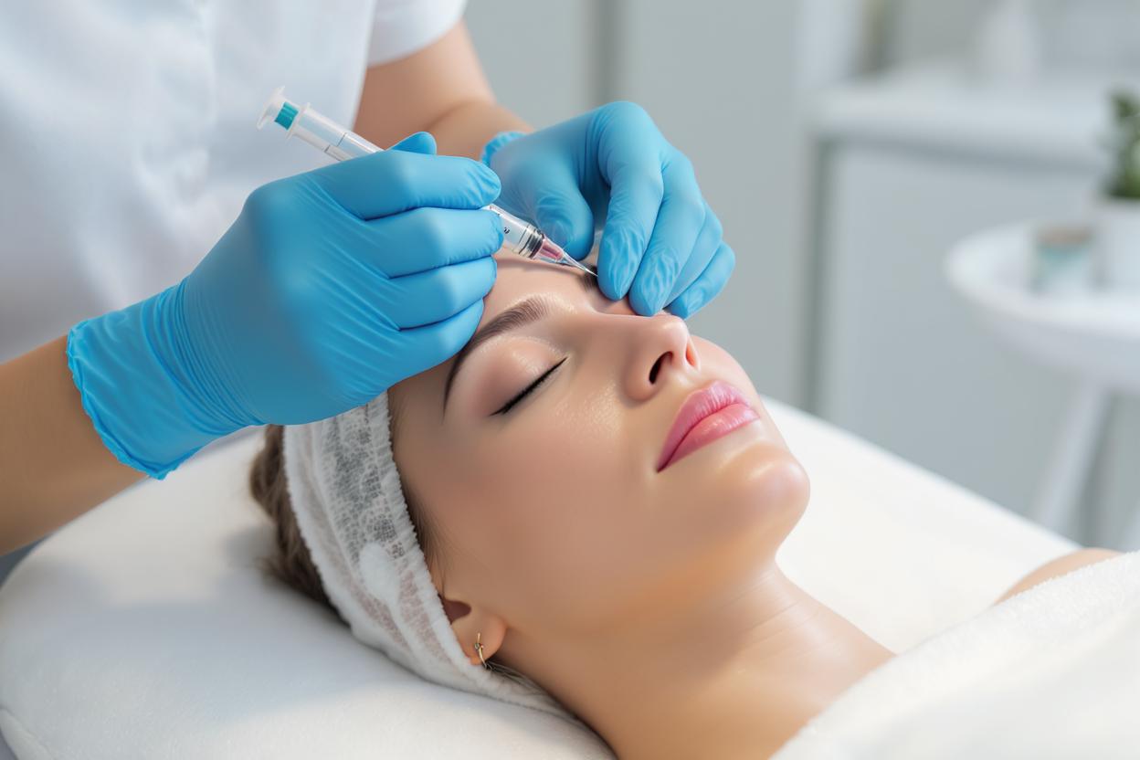 Professional administering Botox injection treatment to patient's forehead area