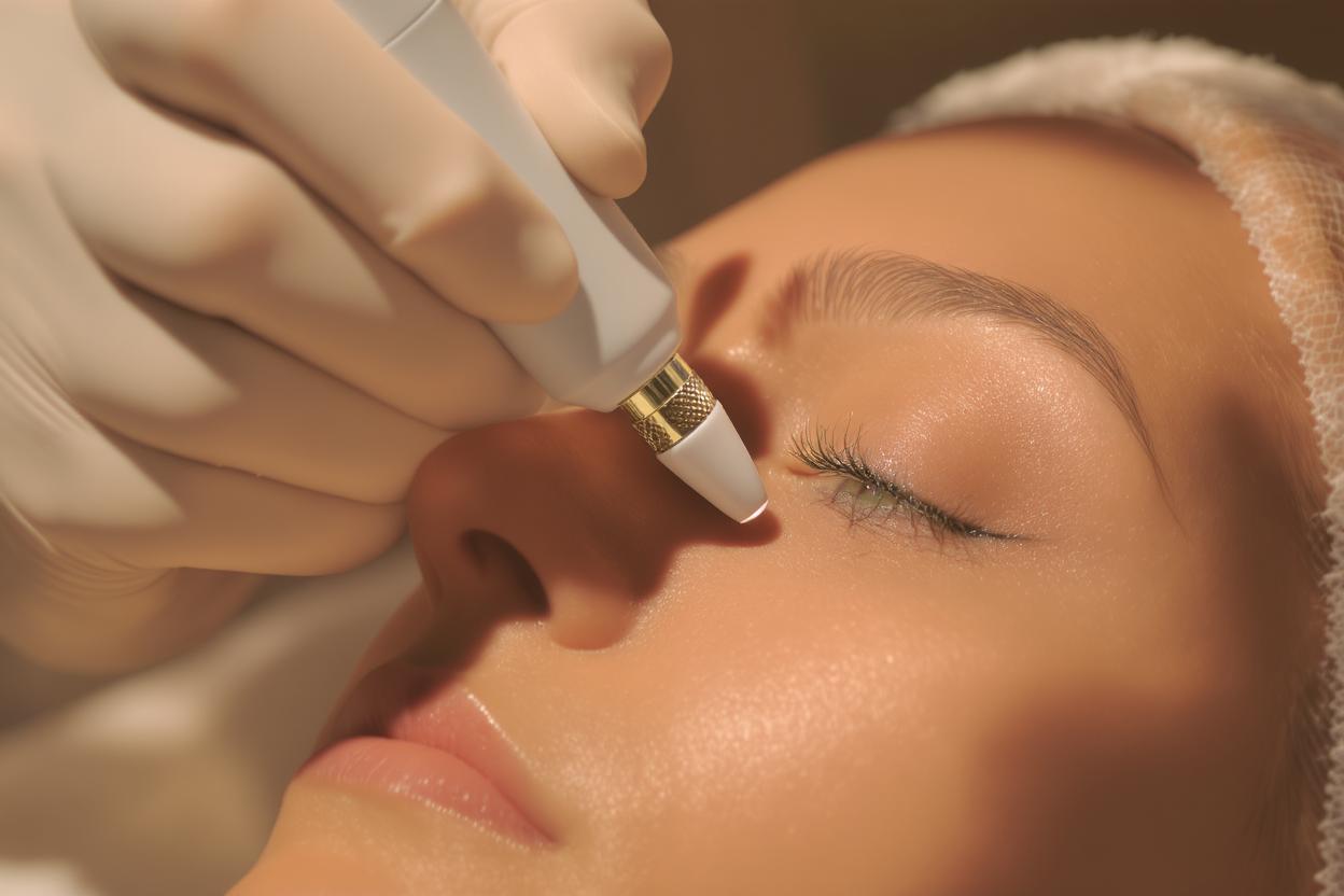 Close-up of under-eye treatment being applied with precision device