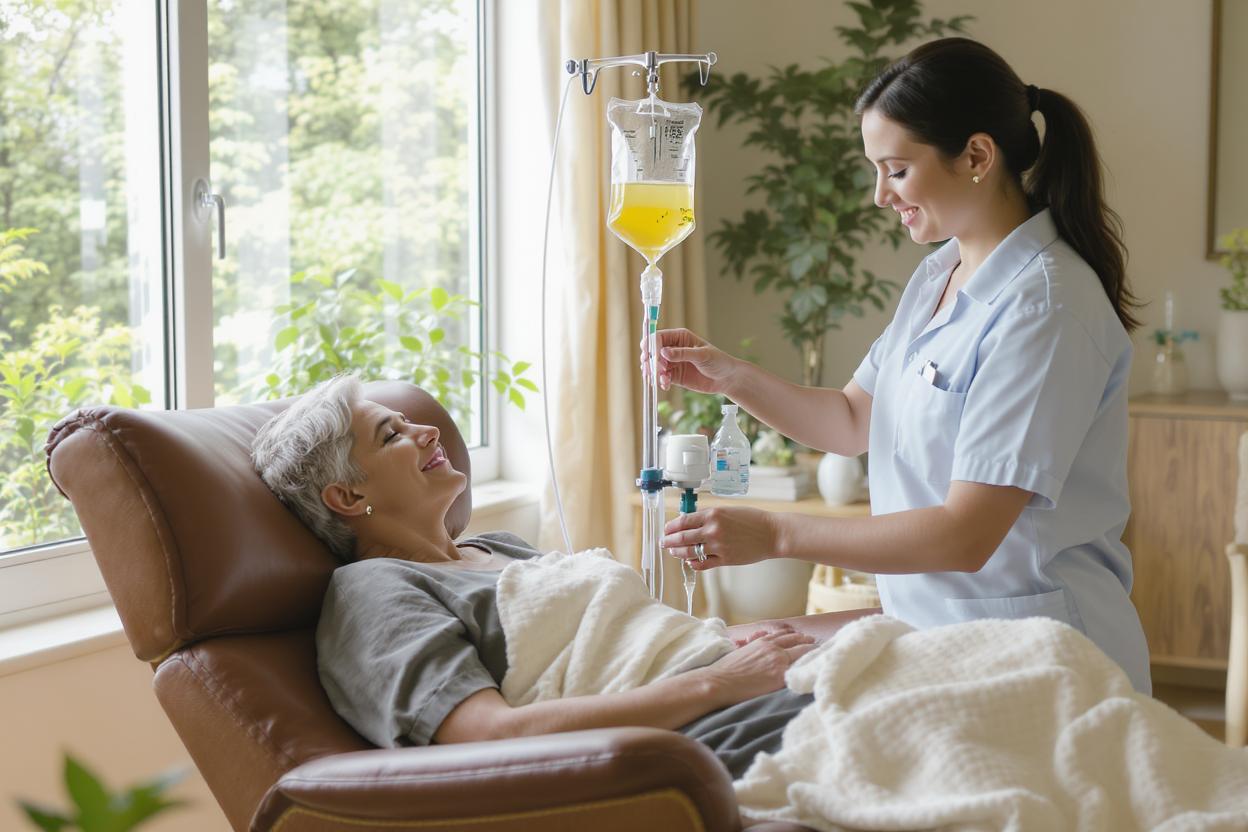 Patient receiving IV vitamin drip therapy in comfortable medical spa setting