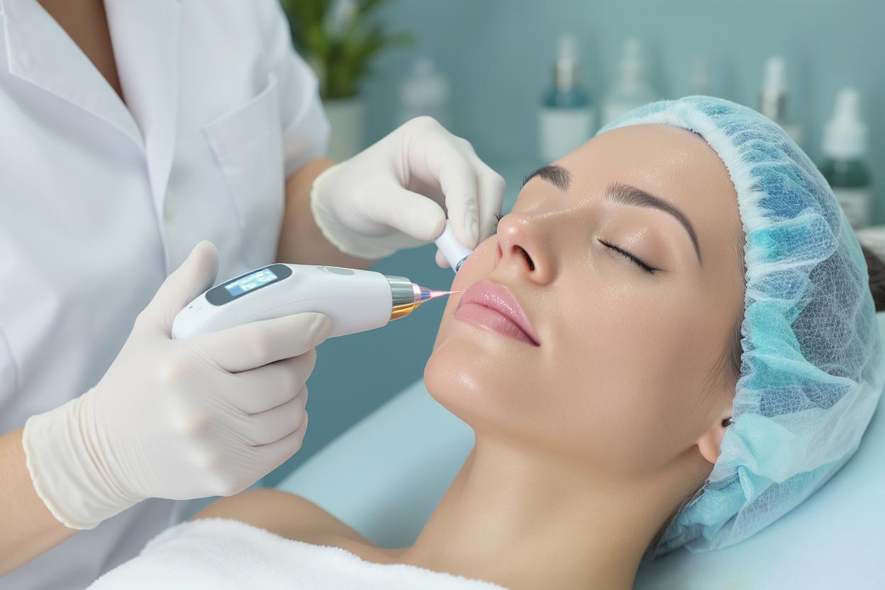 Aesthetician performing HydraFacial treatment on patient's face