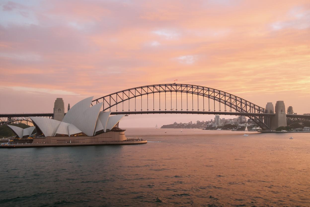 Sydney Harbour Bridge and Opera House at sunset